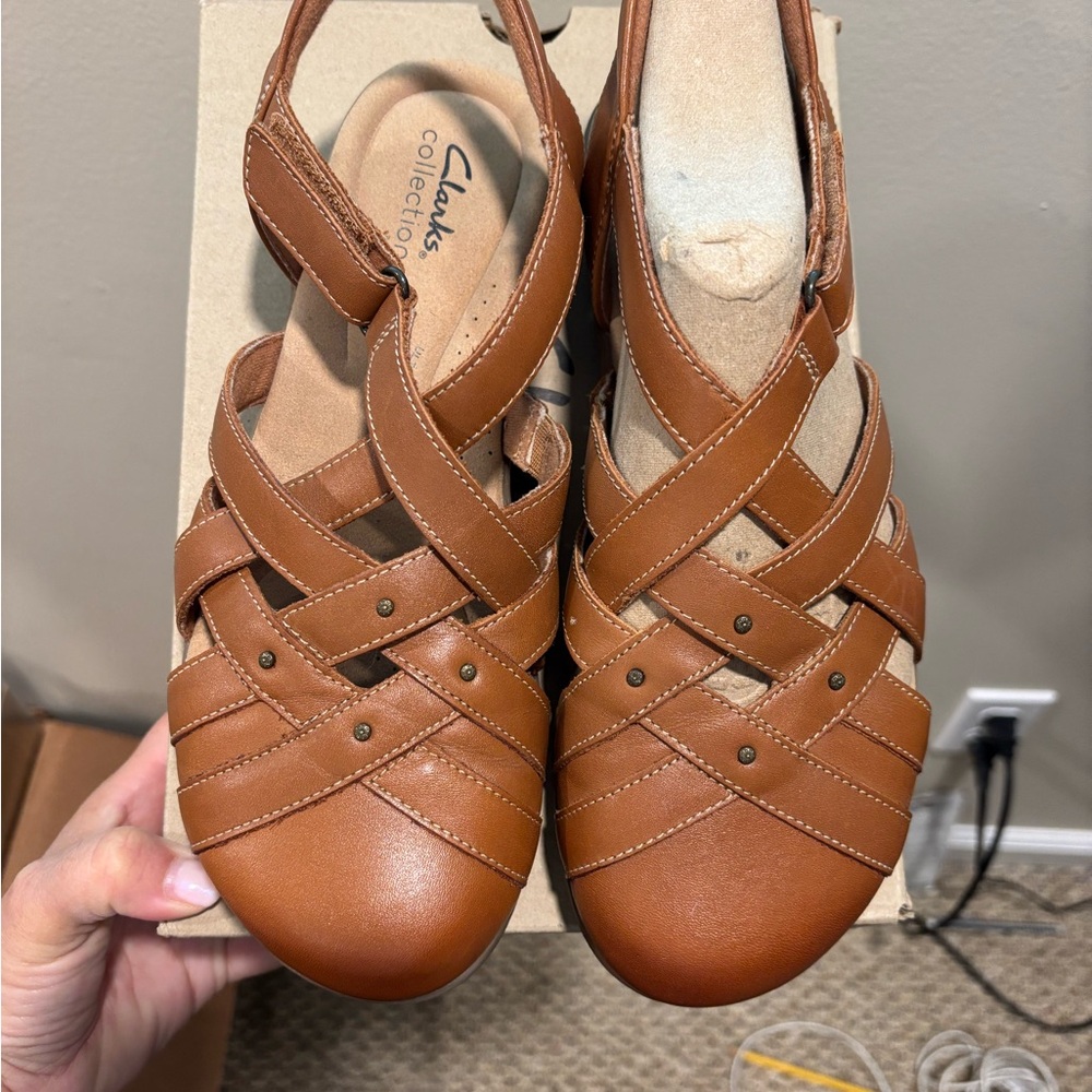 Clarks Tan Elizabelle Sea Sandals with Intricate Woven Design